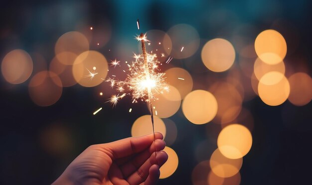 Female hands holding sparkler on bokeh background and celebrate happy new year