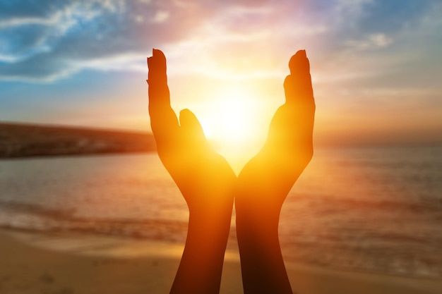 写真 夏の夕陽を握る女性の手