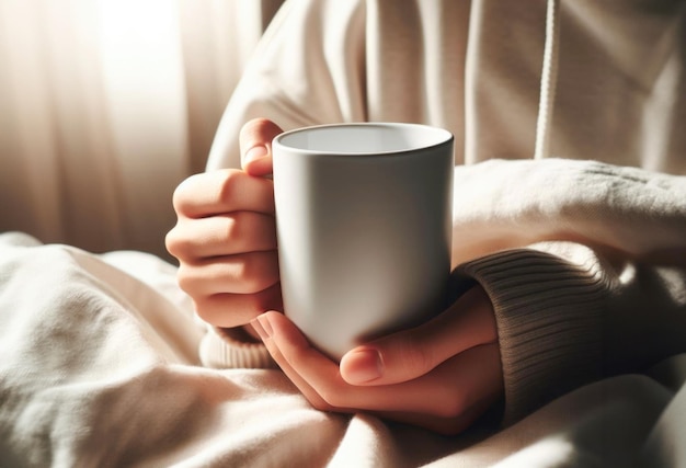 Female hands holding a warm mug in her home during the winter season AI generative