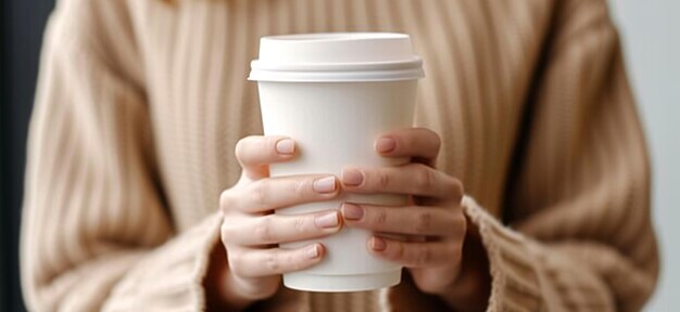 Female hands holds blank white disposable coffee cup Mock up