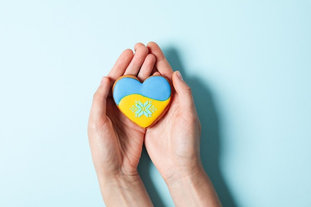 Le mani femminili tengono il cookie con i colori della bandiera dell'ucraina su sfondo blu