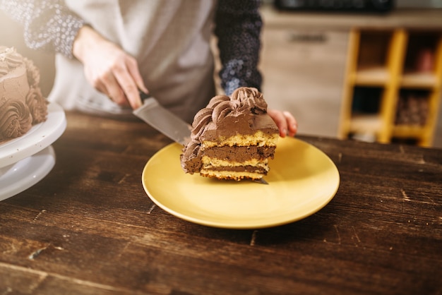 女性の手がブレードにチョコレートケーキを保持