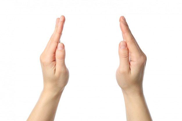 Female hands holds something, isolated on white background