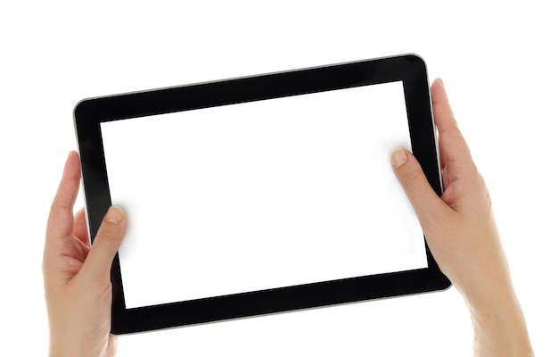 female hands horizontally holding tablet with blank screen isolated