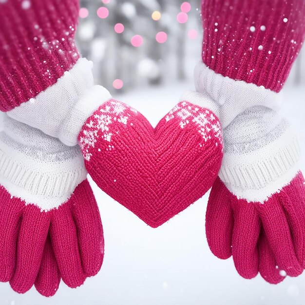 Female hands in knitted mittens with heart of snow in winter day generated by AI