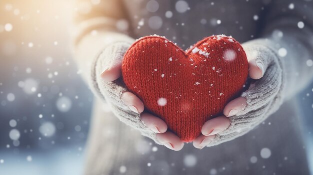 female hands in knitted mittens with heart of snow