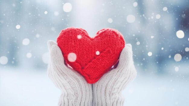 Photo female hands in knitted mittens with snowy heart against snow background