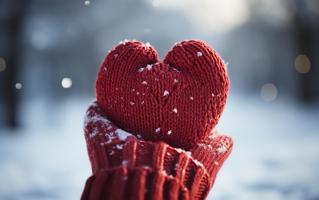 Female hands in knitted mittens with snowy heart Creative concept with copy space for text