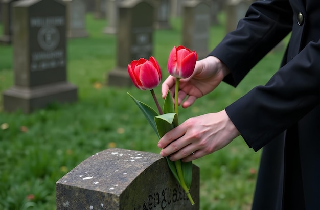 female hands lay a bouquet of tulips at a grave in a cemetery