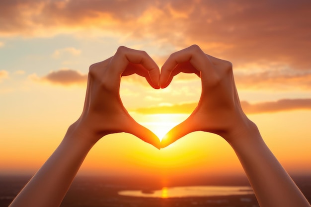 Female Hands Make Heart Shape On Sunset Sky ai generated