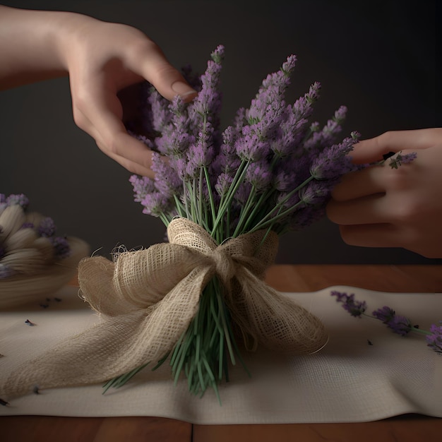 Foto mani femminili che fanno un bouquet di fiori di lavanda su un tavolo di legno