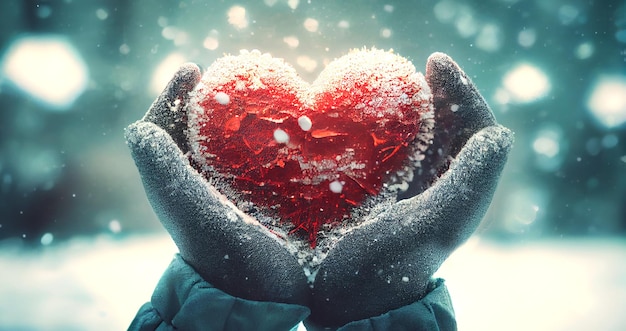 Женские руки в варежках или перчатках держат красное декоративное сердце ко Дню святого Валентина Генеративный Ай