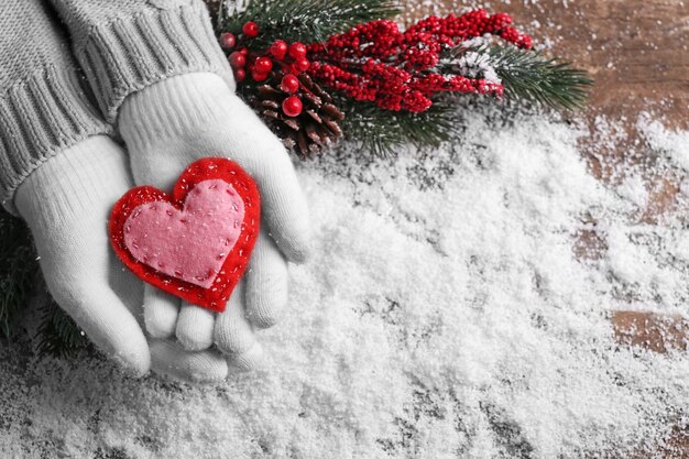 Female hands in mittens with decorative heart on snow background