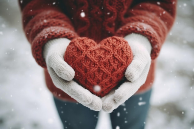 Female hands in mittens with red heart closeup Generative AI