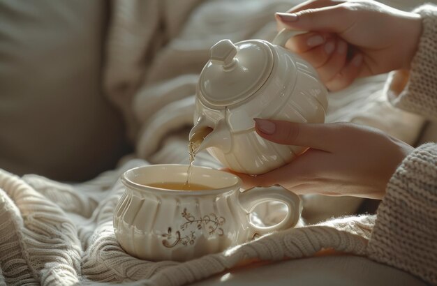 Photo female hands pouring tea out of the teapot on couch