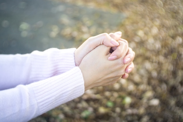 Female hands pray  in the garden