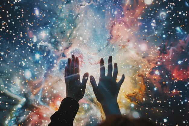 写真 女性の手が夜空の宇宙エネルギーに手を伸ばしている