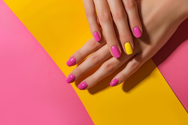 Photo female hands showcasing pastel stylish trendy manicure against a duotone yellow and pink background