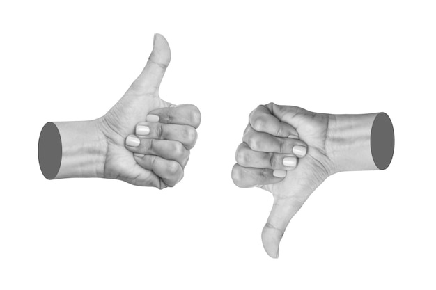 Photo female hands showing like and dislike gestures isolated on white background positive negative signs