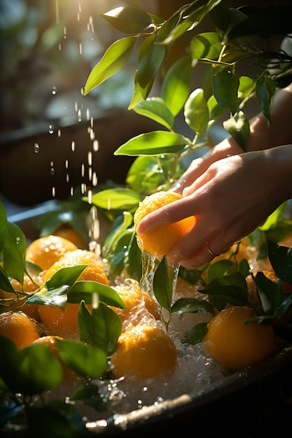 女性の手は、太陽の下で美しく輝く水でオレンジを洗います
