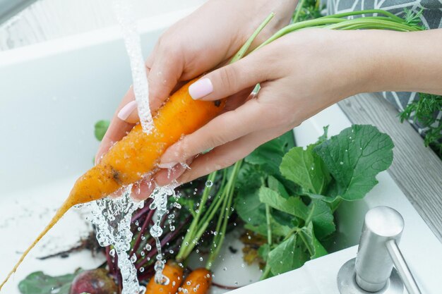 Female hands washing fresh carrot under water jet in kitchen sink closeup Dirty raw orange carrot with green haulm