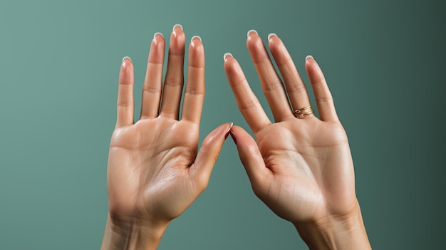 female hands with beautiful manicure on color background closeup