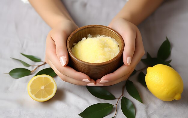 Female hands with bowl of lemon body scrub massage brush and towel on grunge white background