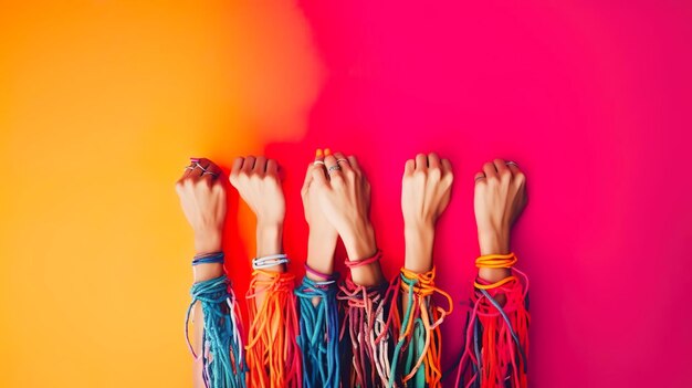 Female hands with bracelets on colorful background