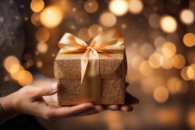 Female hands with christmas gift box with bokeh