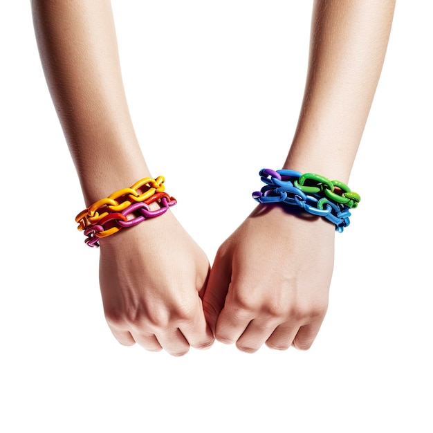 Female hands with colorful bracelets LGBT pride day