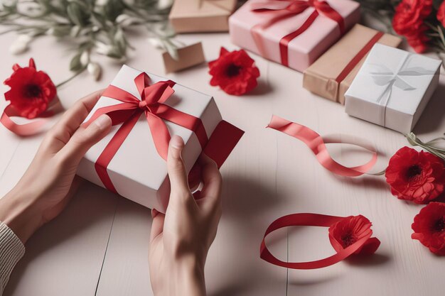 female hands with gift boxes and red rose flowers on a wooden background