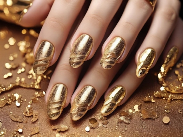 Photo female hands with golden nail design glitter gold