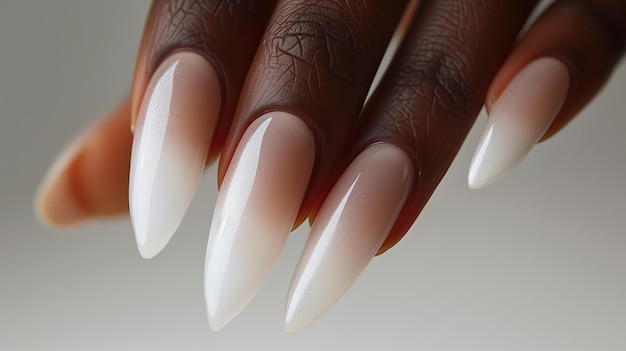 Female hands with long nails and a bottle of nude nail polish