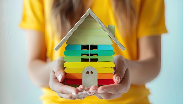 Female hands with model of house on light background Concept of energy efficiency