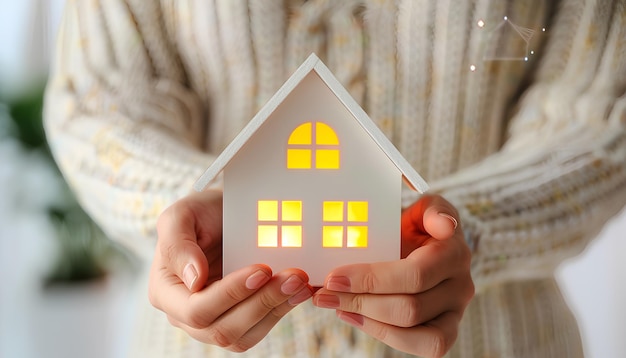 Female hands with model of house on light background Concept of energy efficiency