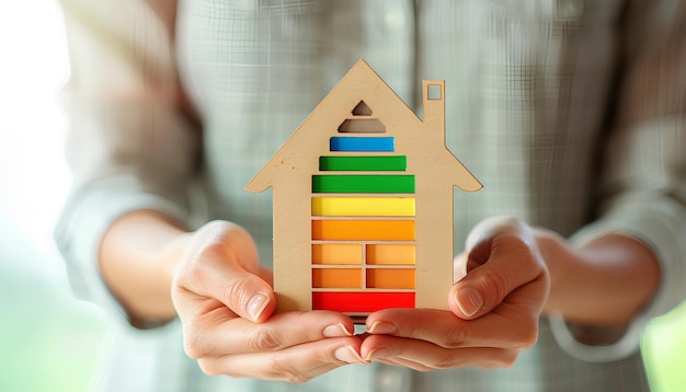 Female hands with model of house on light background Concept of energy efficiency