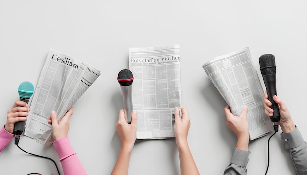 Female hands with newspapers and microphones on light background