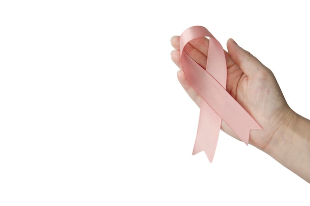 Female hands with pink ribbon isolated on white background cancer awareness concept with copy space ...