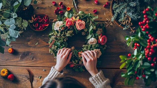 Photo female hands with red wreath of flowers