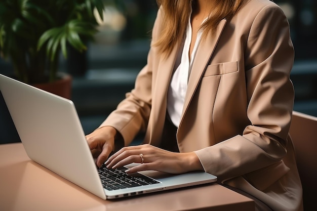 Female hands working on laptop with cut out screen at home Copy space Based on Generative AI