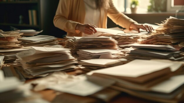 Photo a female hands working in stacks of paper files for searching information on work desk in office