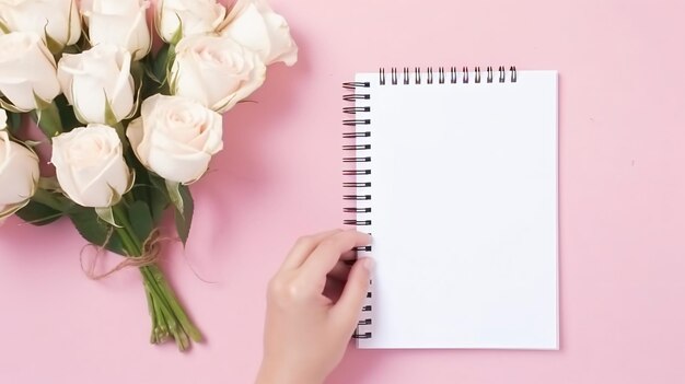 Photo female hands writing in notebook and bouquet