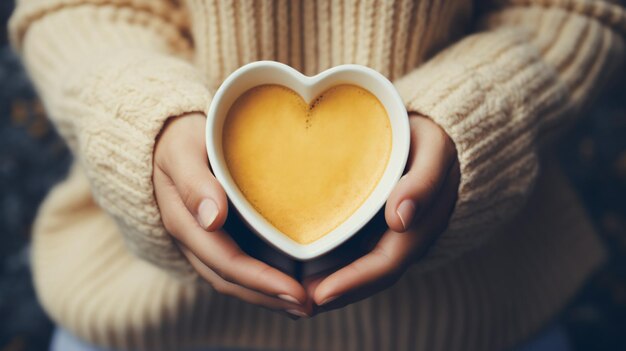 Photo female hands in yellow sweater holding white cup