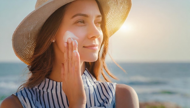 Photo female in hat applying moisturizing lotion on skin beautiful young woman with sun cream on faceskin