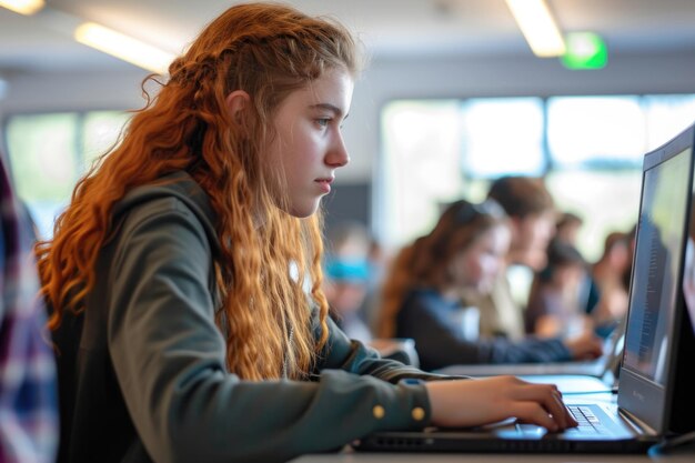 Photo female high school student learning coding on laptop during computer programing class