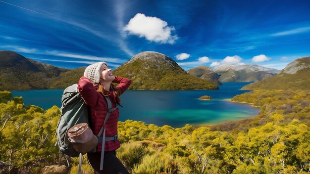 Female hiker enjoy the natural beauty of mount cradle and dove lake at tasmania