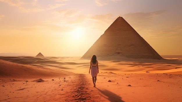 Female hiker full body view from behind standing in front of a big pyramid in the middle of the desert