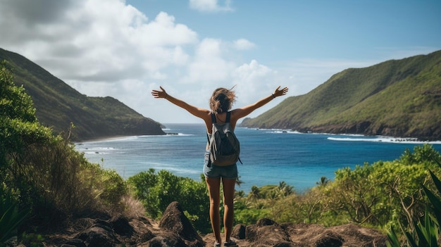 Female hiker full body view from behind standing at a tropical beach with raised arms hands clenched into fist