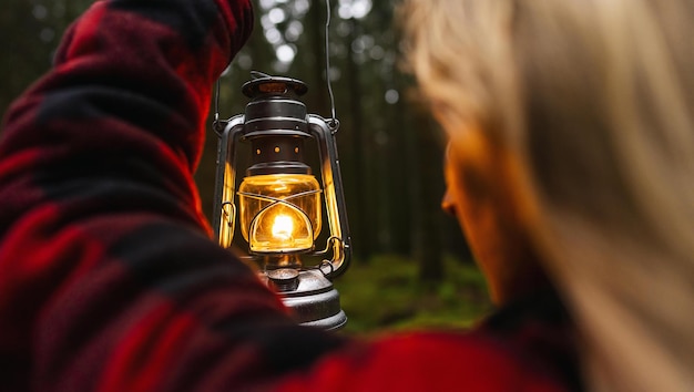 Female Hiker holding a kerosene lamp or oil lantern in the dark forest