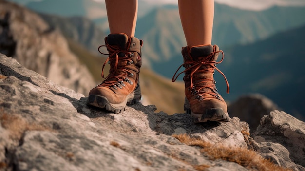 Female hiker legs with modern trekking and climbing boots on a rock in mountains Generative AI